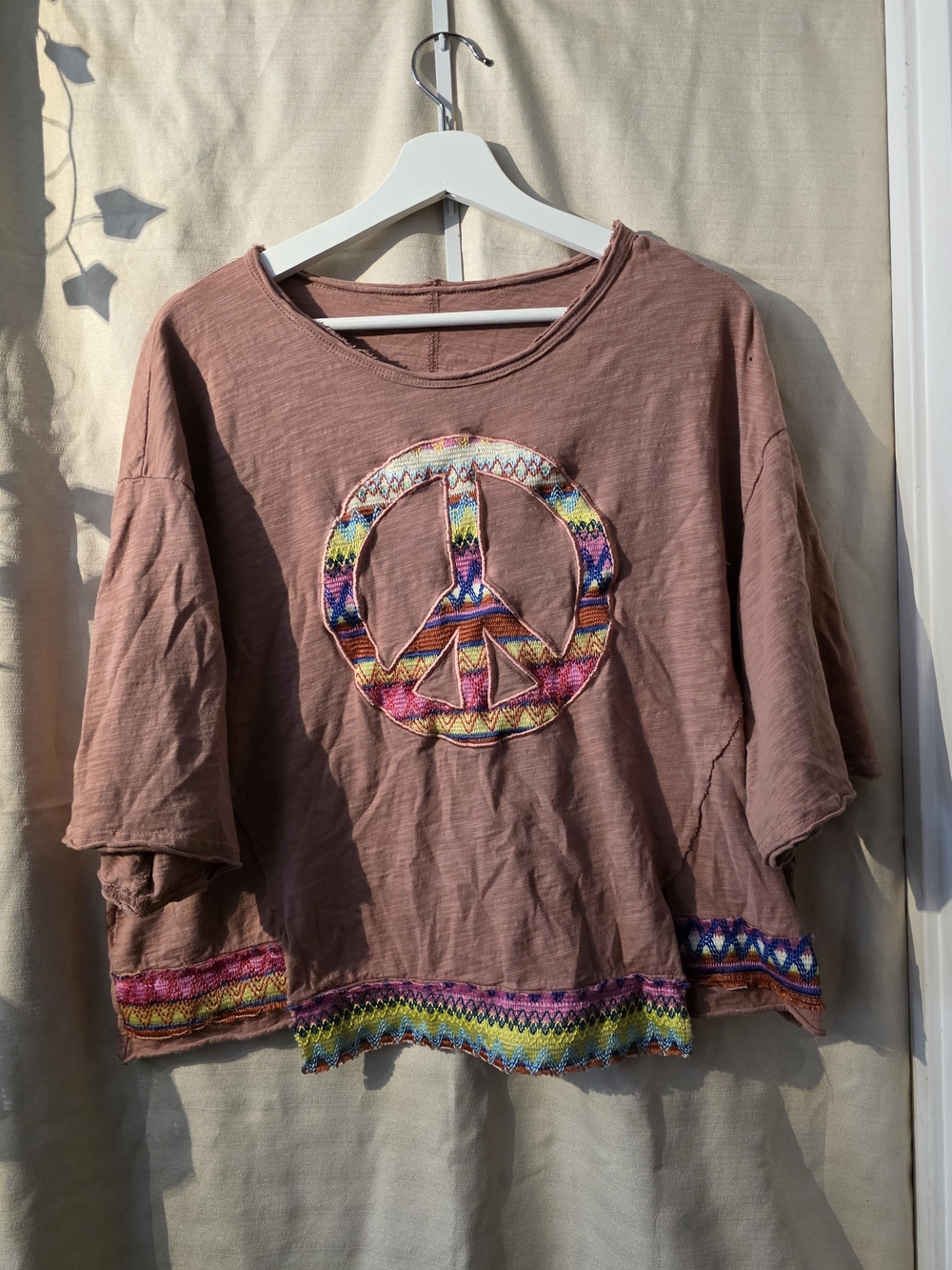 Boho Peace Sign Embroidered Mauve Women's Top